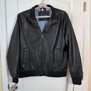 Men's Tommy Hilfiger Black Bomber Jacket with Blue Plaid Lining, Size L